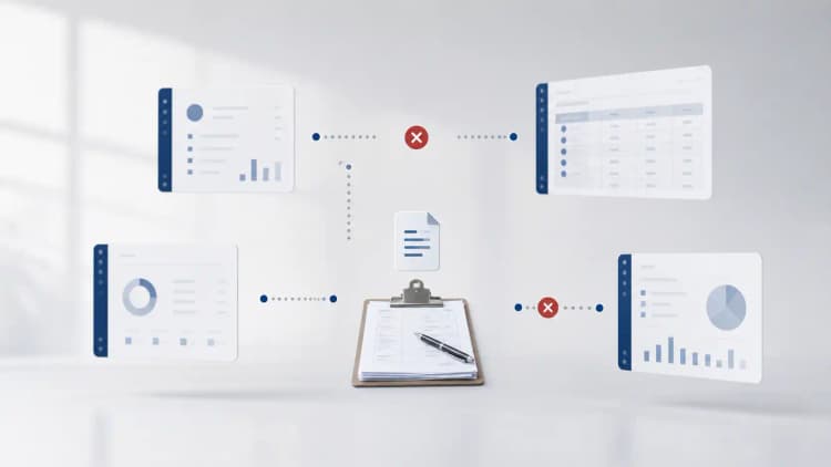 Separate blurred software panels connected by broken dotted workflow paths