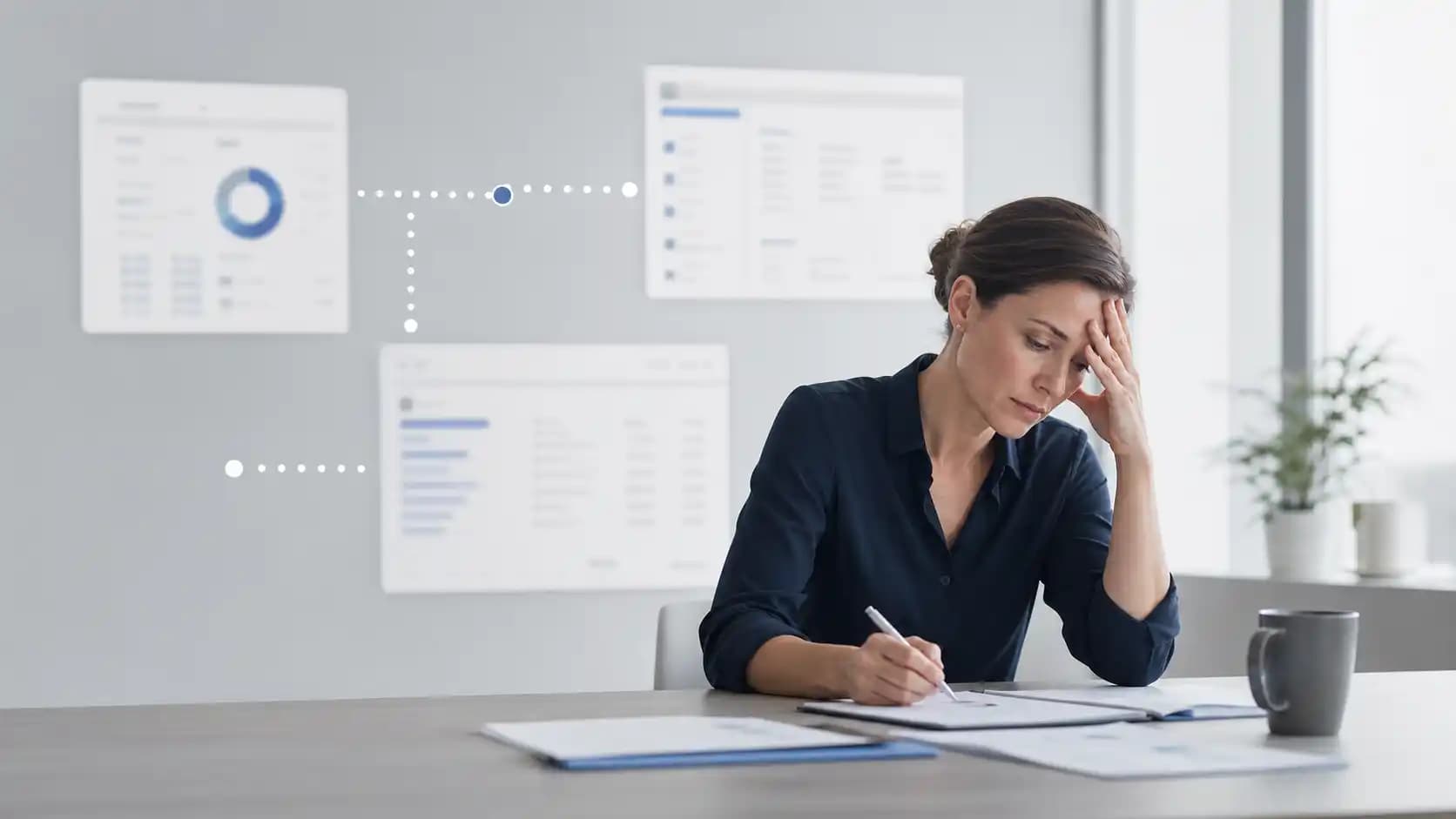 Tired operations leader reconciling blurred software dashboards in a quiet office