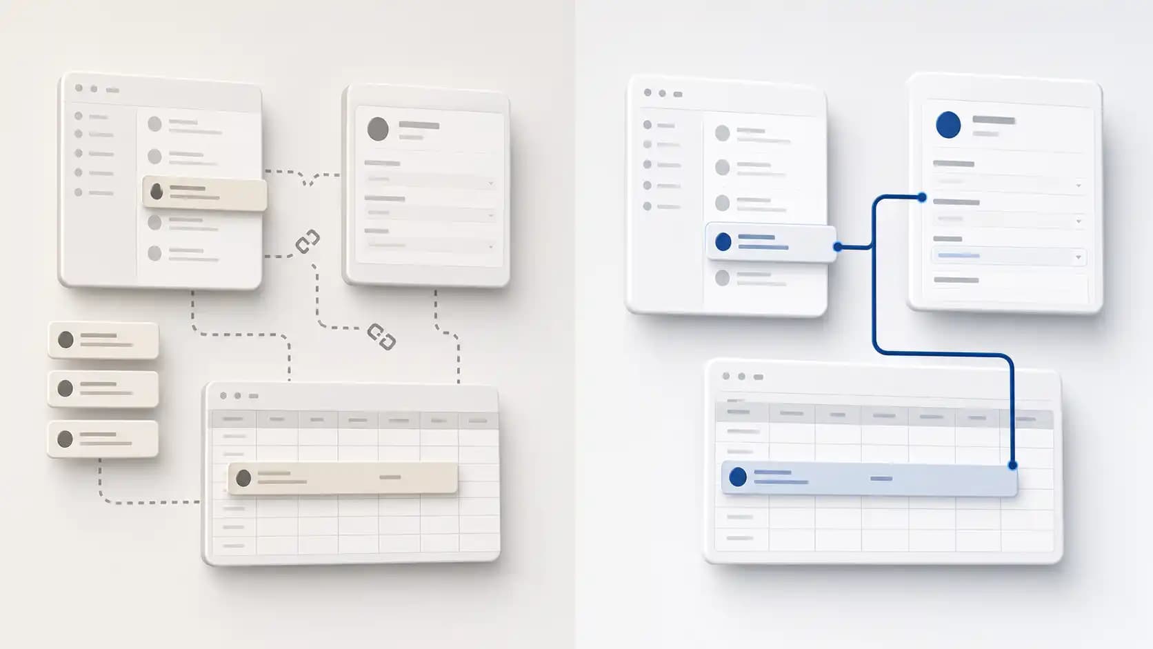 Disconnected software panels beside the same tools joined by one clean blue data path
