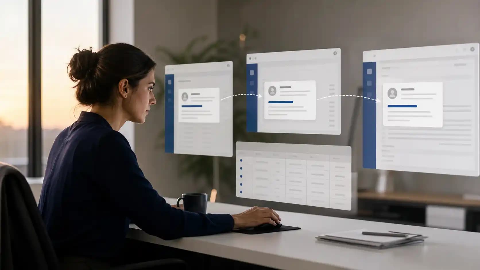 Tired operations professional moving one customer record across three disconnected software windows