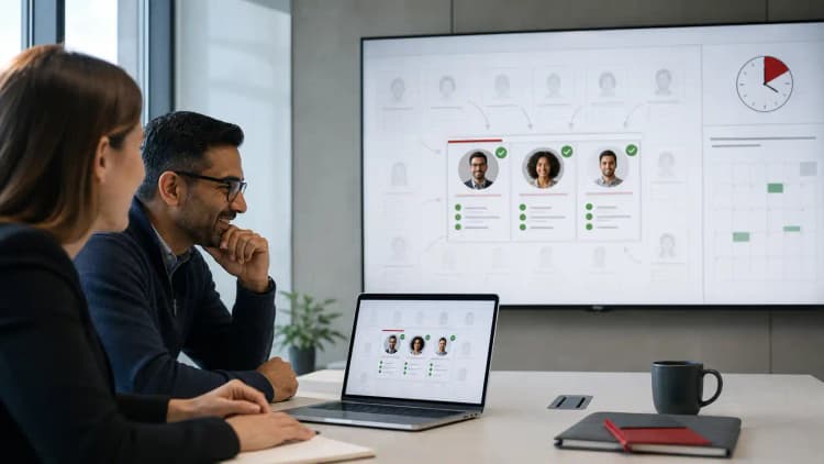 Two leaders reviewing a clean technical talent shortlist in a bright meeting room