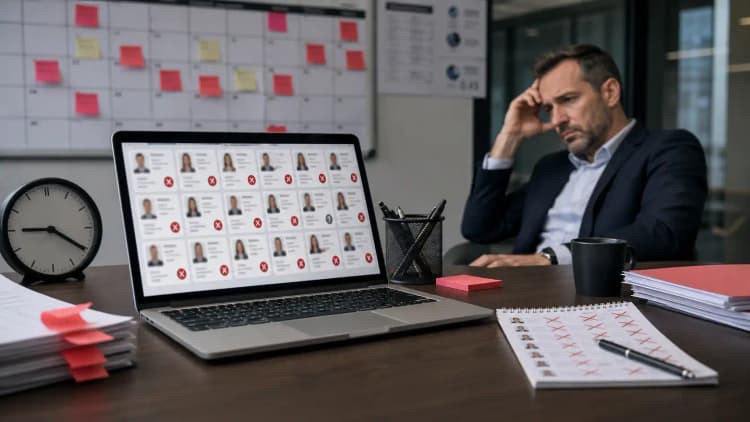 Hiring manager facing rejected candidate cards, blocked calendar time, and crossed-out notes