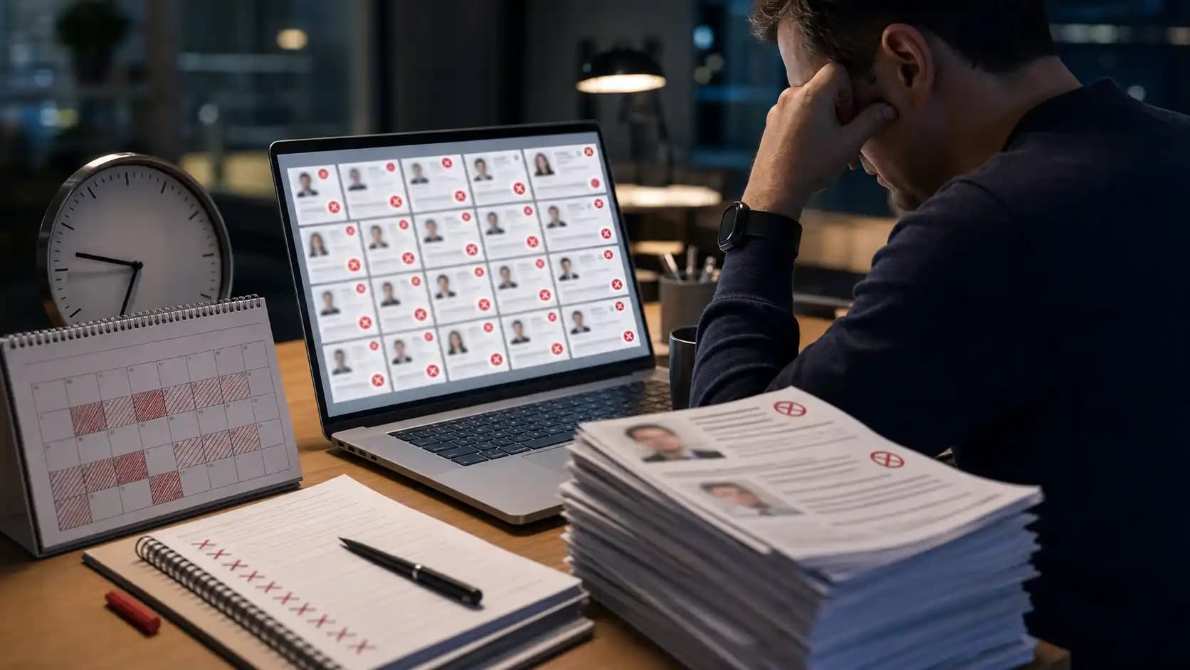 Tired manager reviewing rejected profiles beside a clock, calendar, and resume stack
