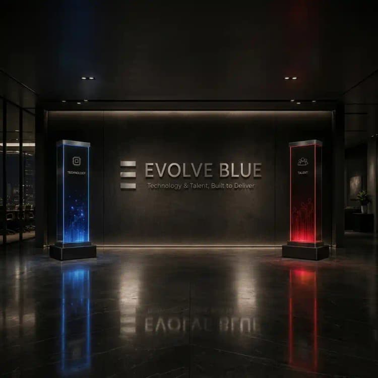 Evolve Blue branded card showing Technology and Talent pillars with Build Connect Automate Run
