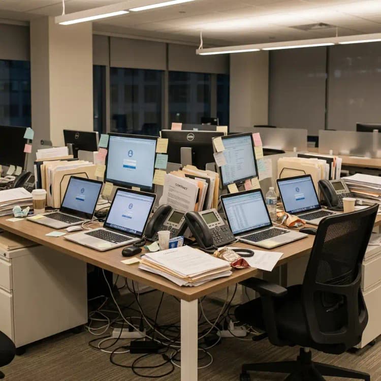 A cluttered desk with six laptops, piled contracts, sticky notes, and tangled cables