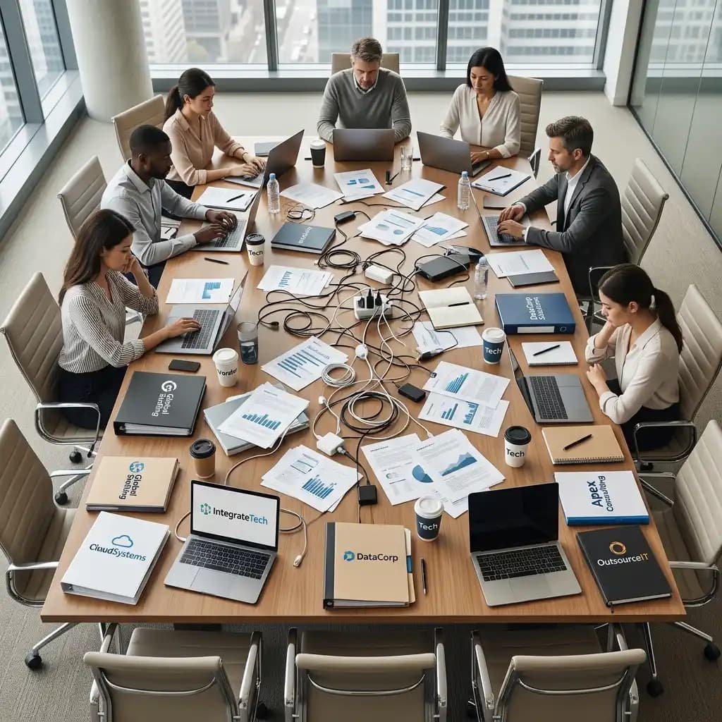 A conference table crowded with multiple laptops, tablets, phones, and tangled cables