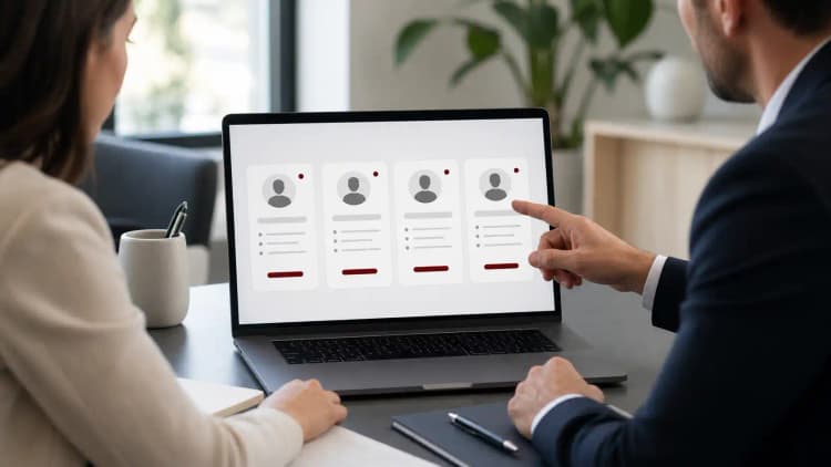Hiring team reviewing four clean candidate profile cards on a laptop