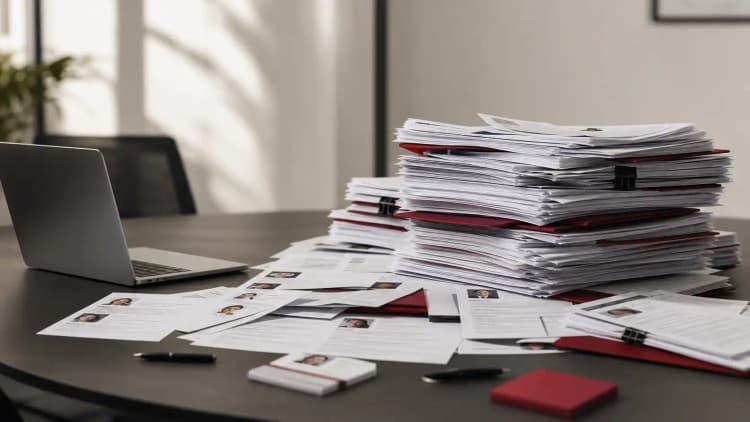 Large stack of candidate profiles on a conference table beside an open laptop