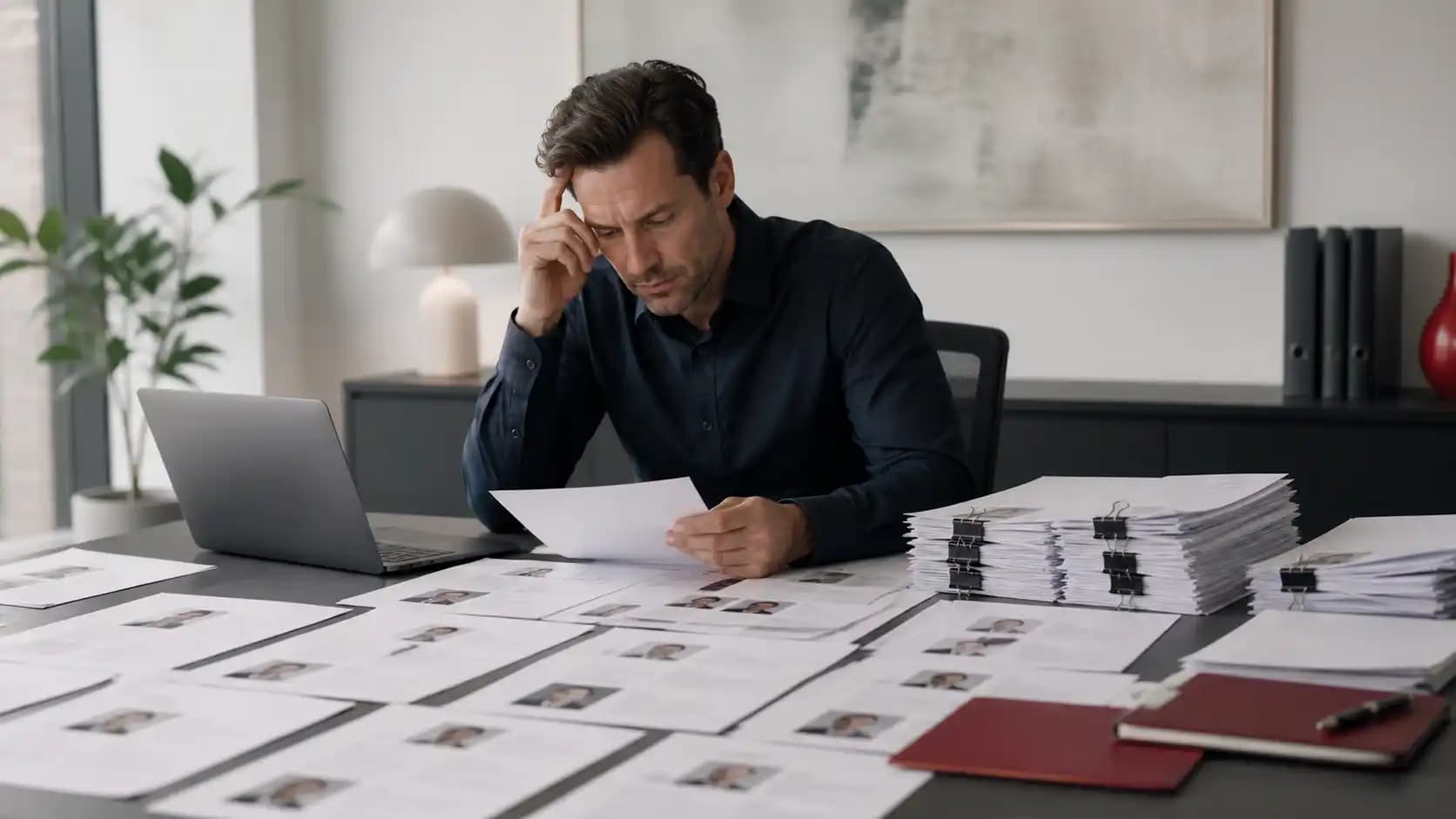 Overwhelmed hiring manager reviewing a large stack of candidate profiles