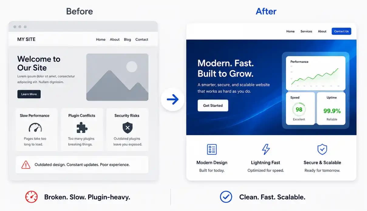 Side-by-side website concepts comparing a slow plugin-heavy site with a clean modern platform