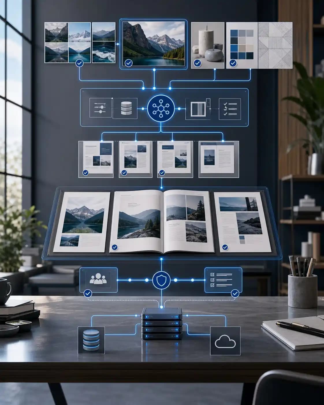 AI-assisted enterprise creative workflow connected to approved assets and business systems