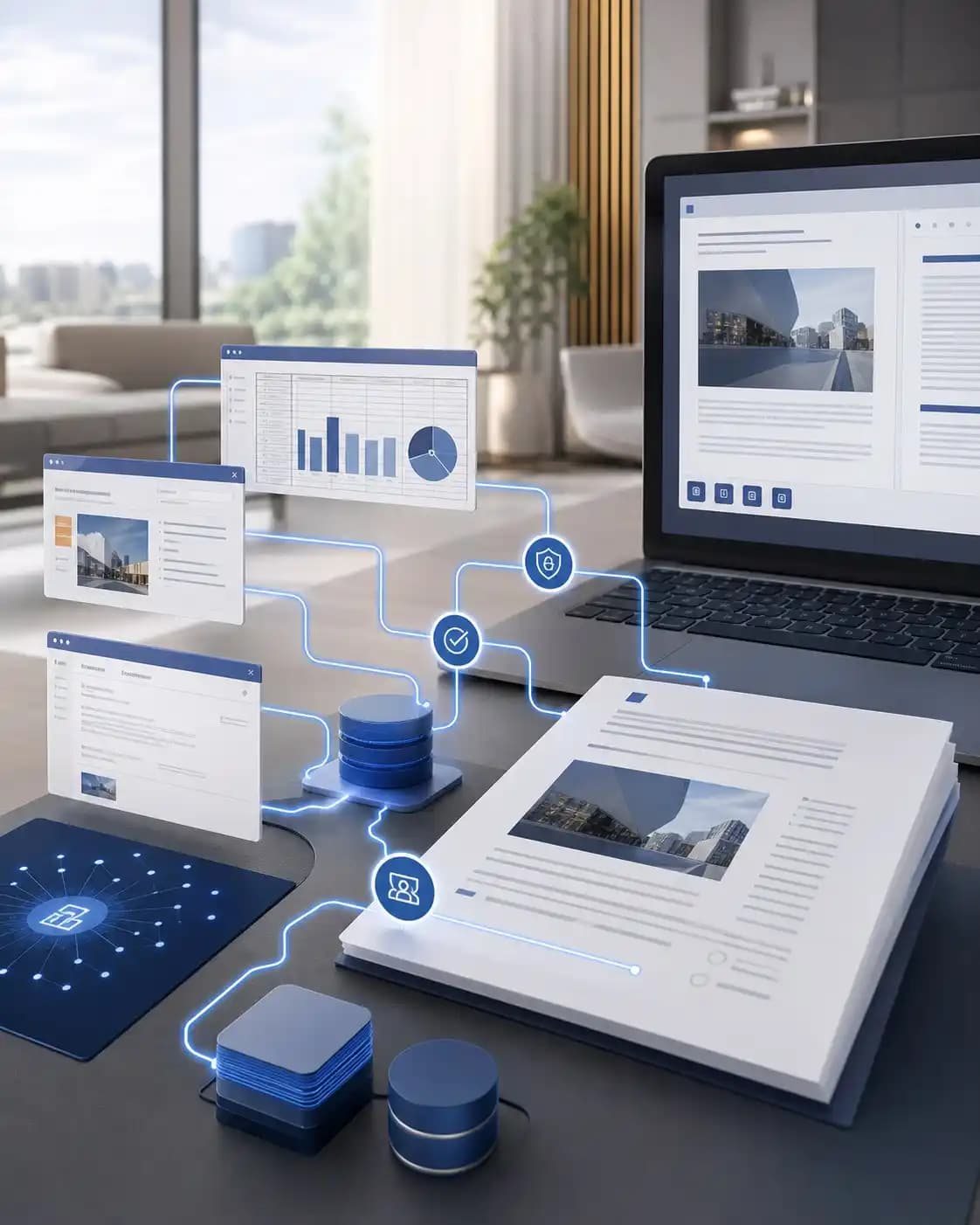 Enterprise documents and data moving through an AI-assisted Microsoft 365 workflow