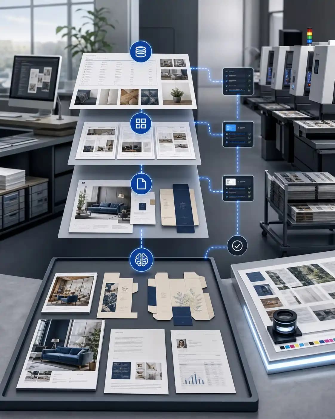 Enterprise data flowing through templates, AI checks, and print-ready document production