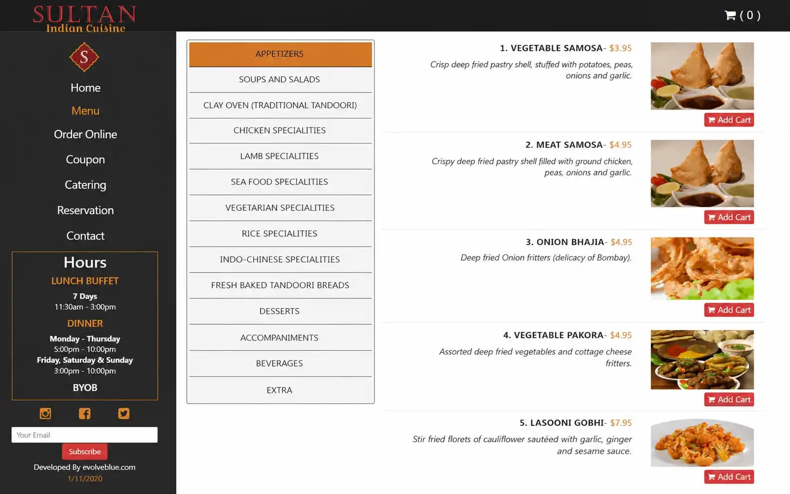Sultan Indian Cuisine desktop restaurant ordering website