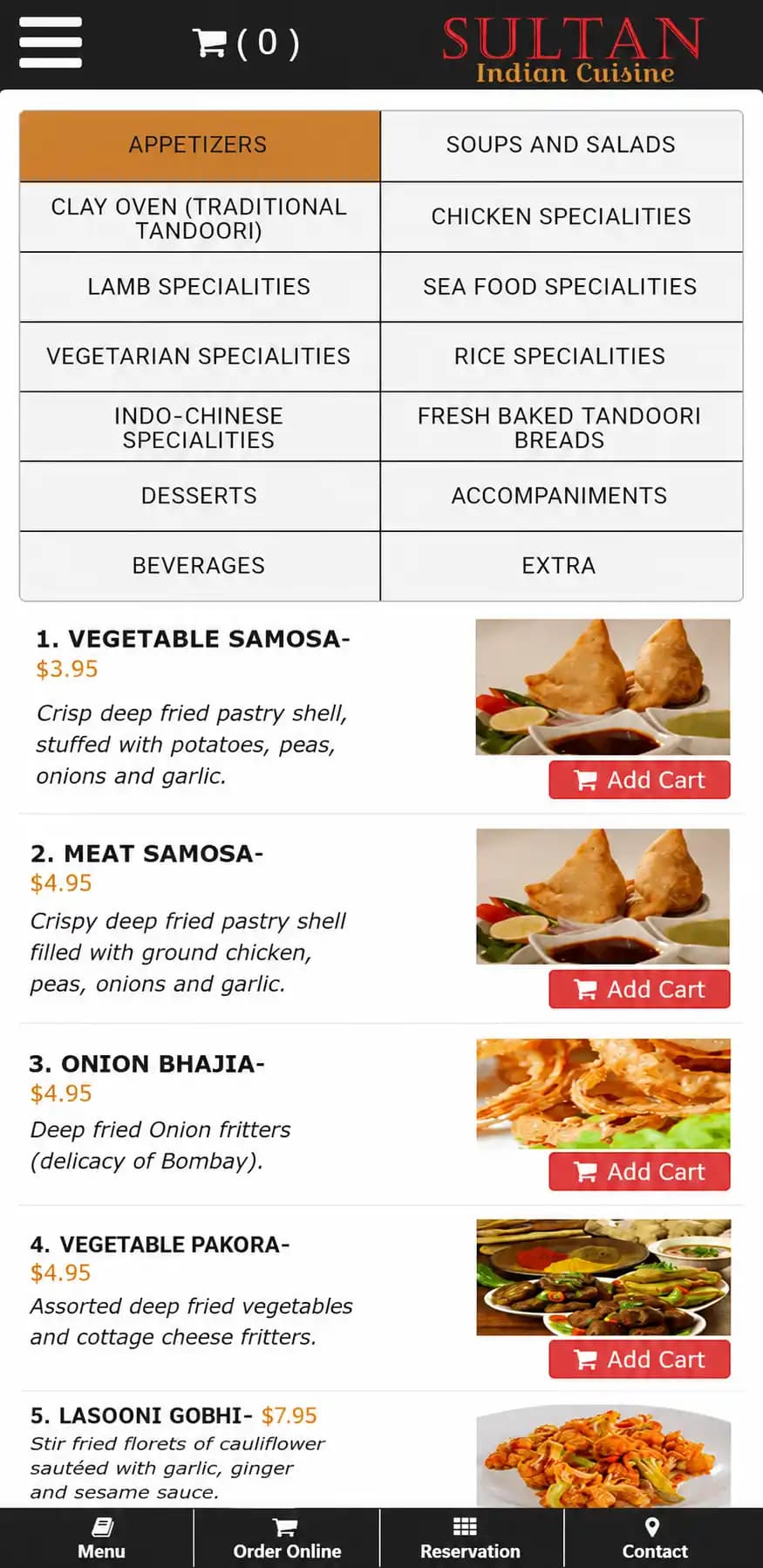 Sultan Indian Cuisine mobile restaurant ordering website