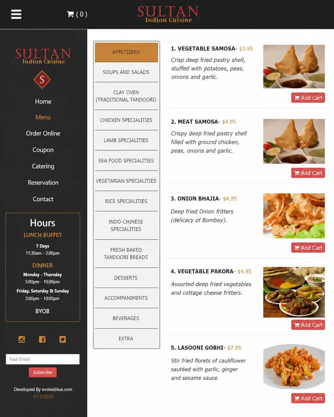 Sultan Indian Cuisine tablet restaurant ordering website
