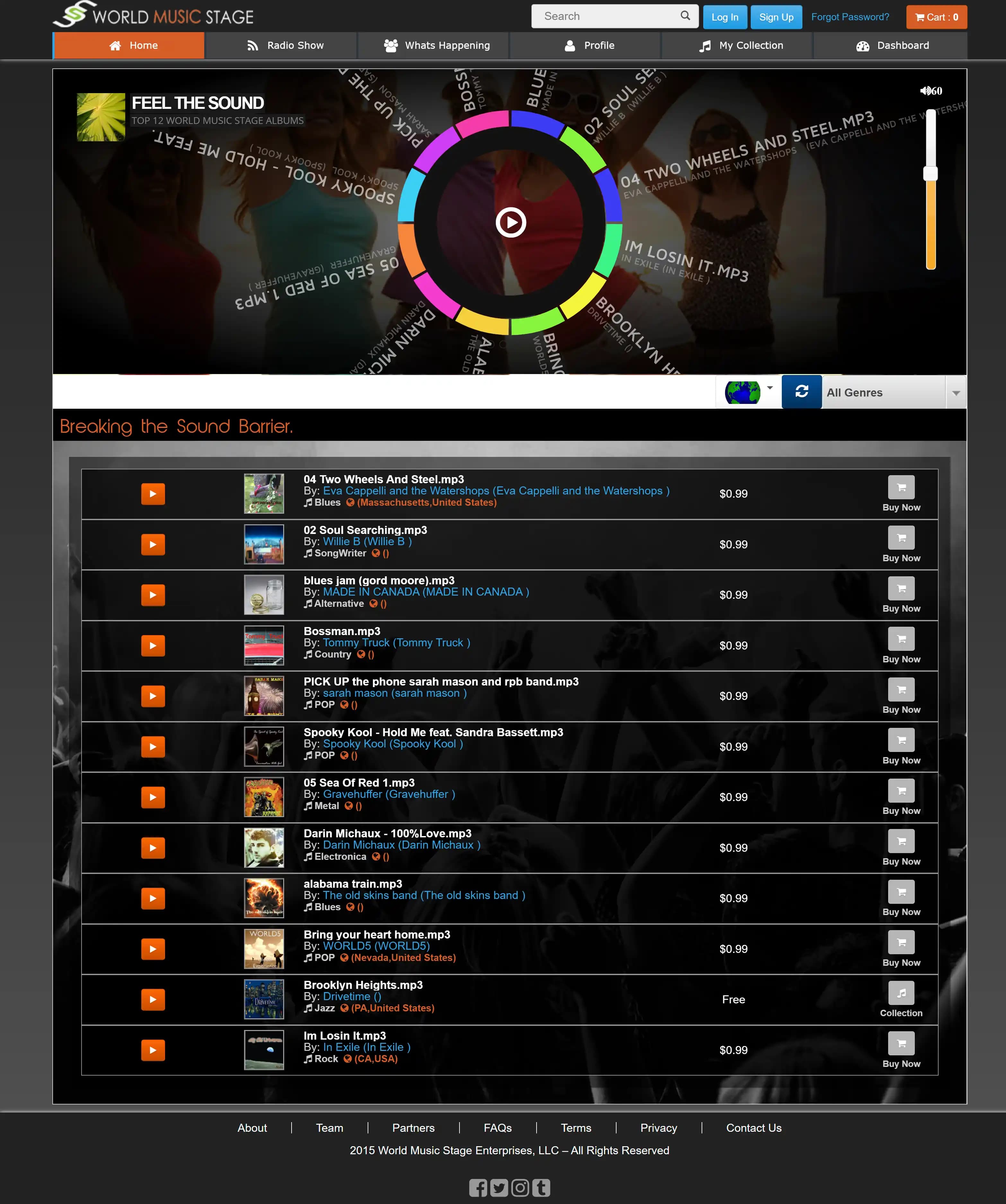World Music Stage landing page with circular audio player and genre-filtered track list