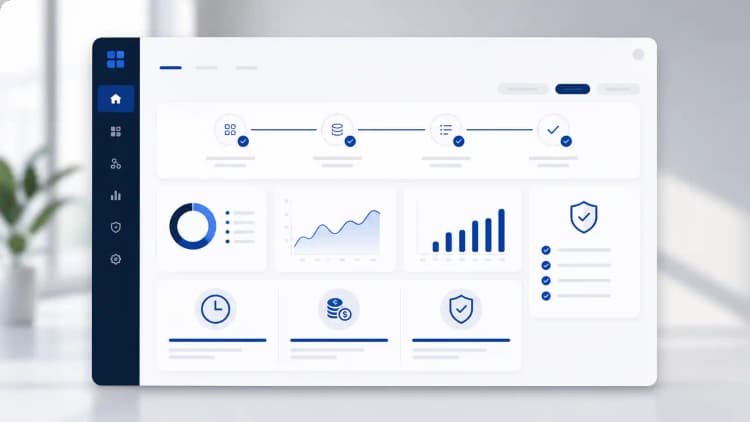 Clean modern app dashboard with blue workflow checks, time, savings, and shield icons