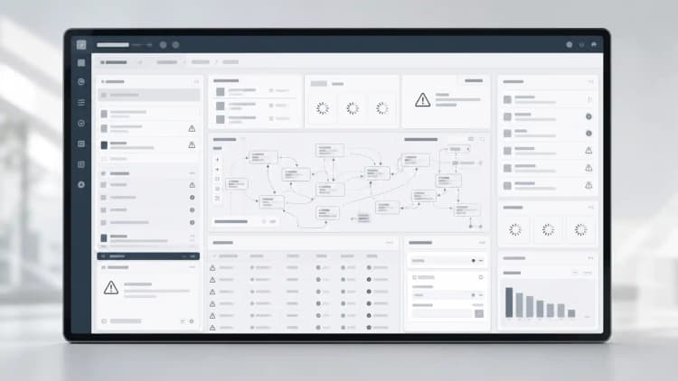 Crowded business app screen with tangled flows, warning icons, and stuck loading states