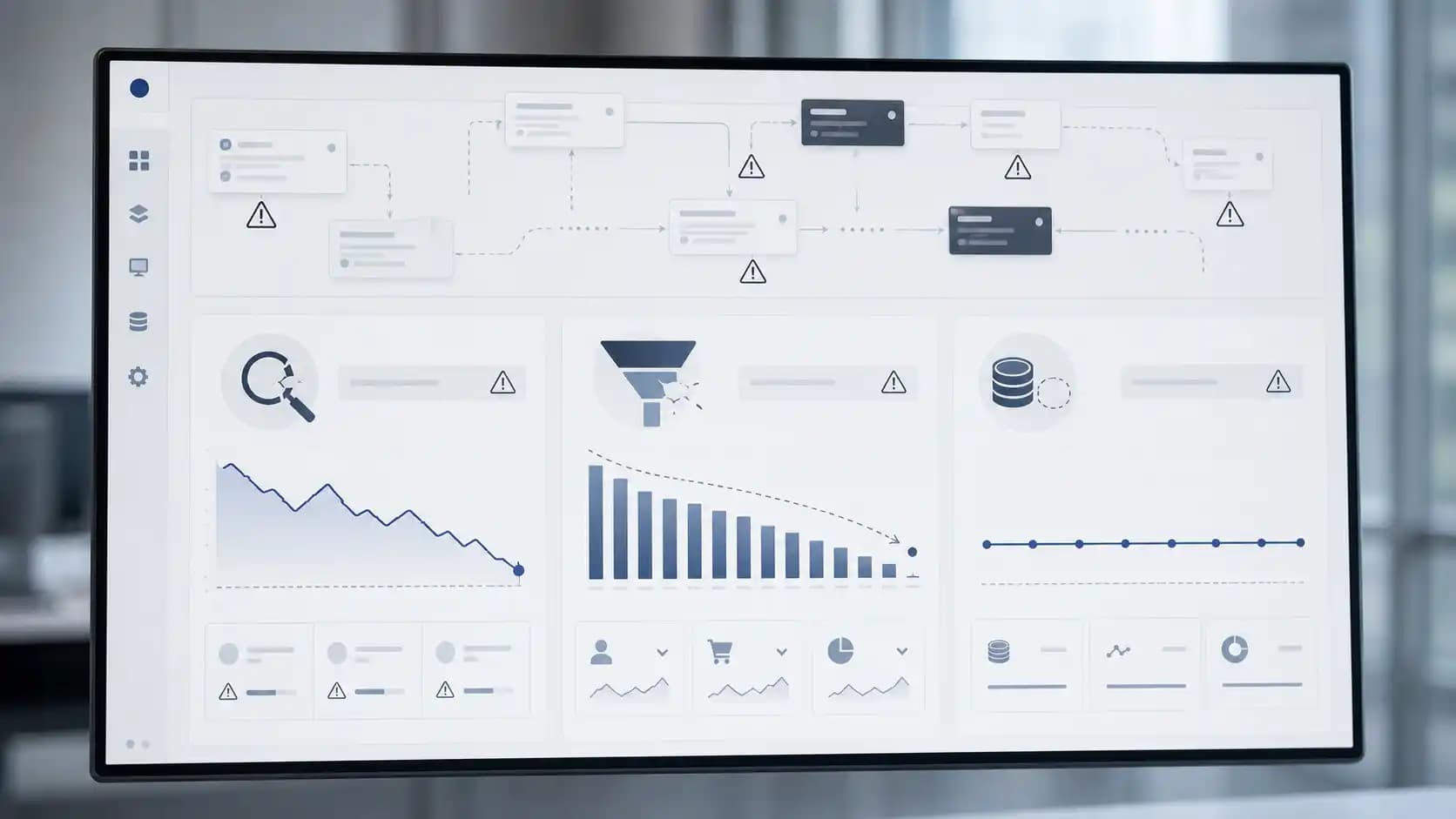 Legacy app dashboard showing broken search, leaking funnel, flat returns, and warning icons