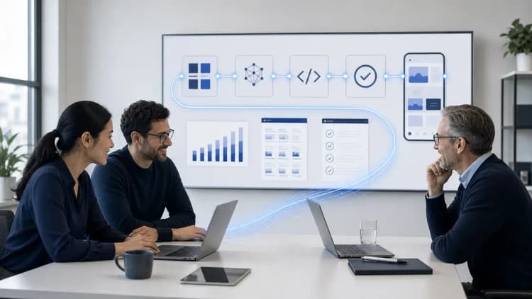 Designer and full-stack engineer review an AI-enabled product workflow with a client
