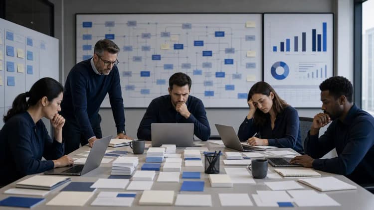 Five-person product team split across design, code, QA, and deployment work
