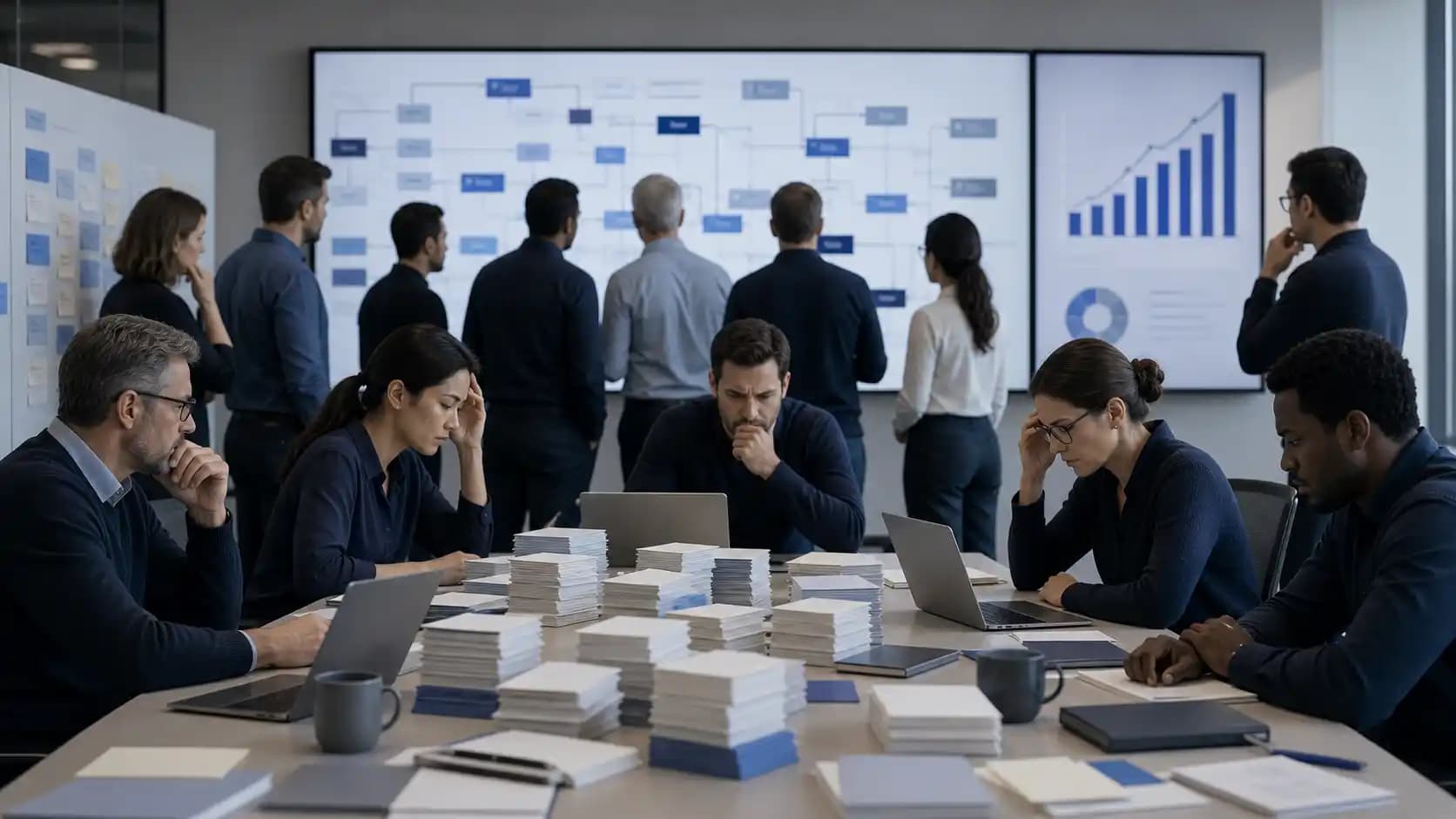 Crowded product team reviews a slow roadmap with rising cost bars