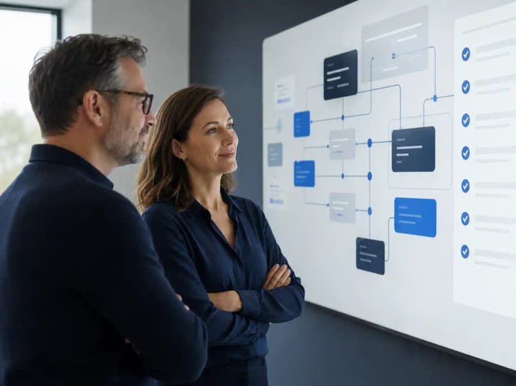 Two leaders reviewing a clean AI workflow map with checked release steps