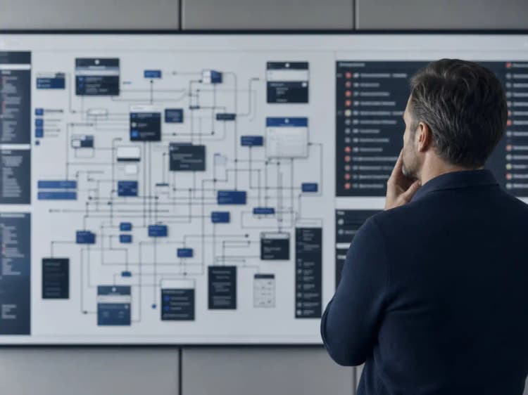 Leader studying a crowded wall of tangled AI workflow panels