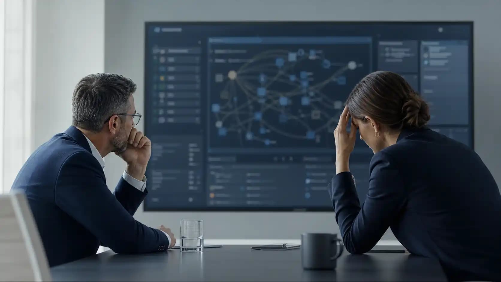 Worried executives reviewing a tangled AI workflow map on a dark dashboard