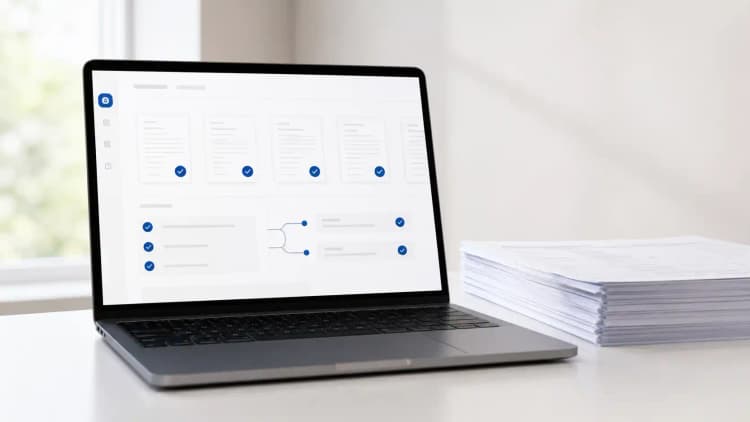 Clean workflow dashboard with checked document cards and a neat paper stack