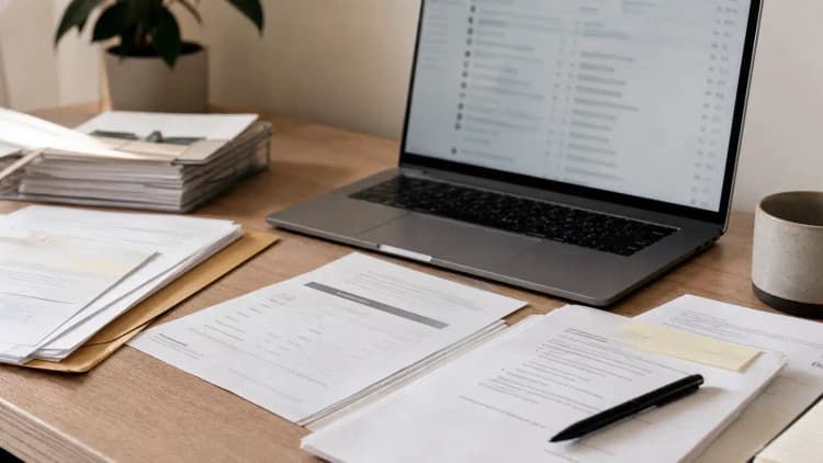 Manual intake desk with paper forms, a blurred queue, and scattered review notes