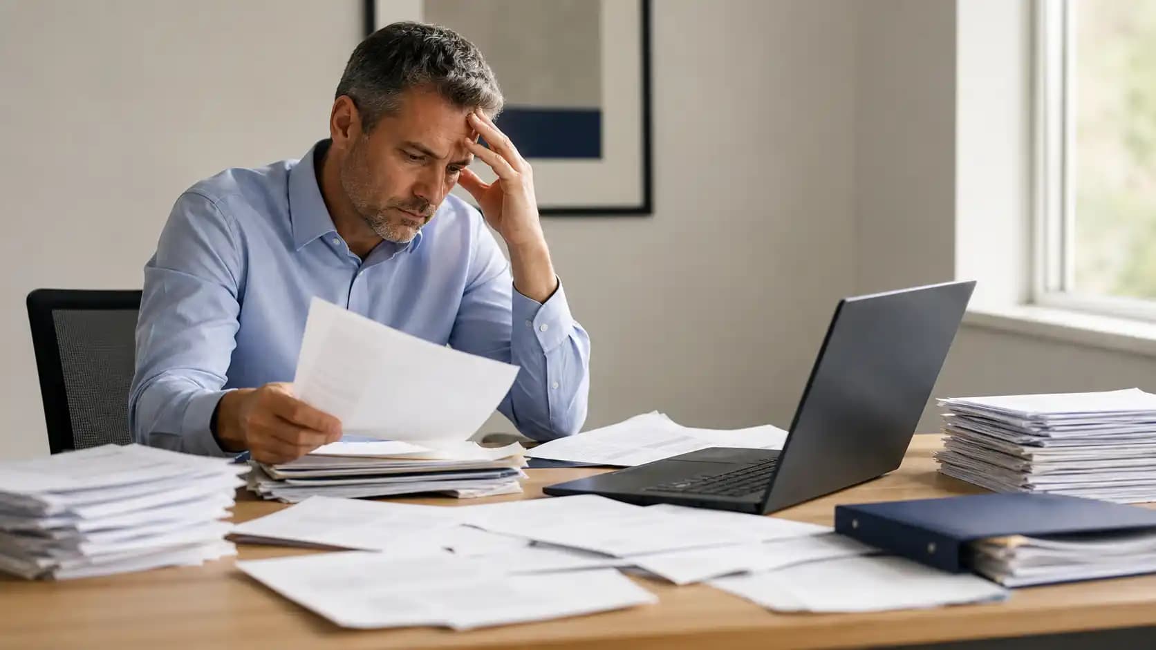 Pressed operations manager reviewing paper forms beside a laptop and document stacks