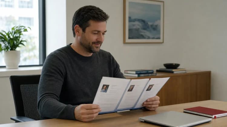 A hiring manager reviews a short folder of three vetted candidate summaries at a clean desk