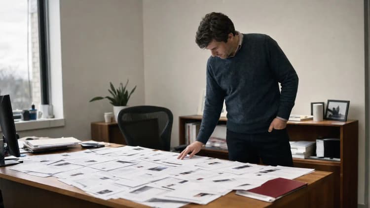 A hiring manager stands over a desk scattered with dozens of unsorted printed resumes