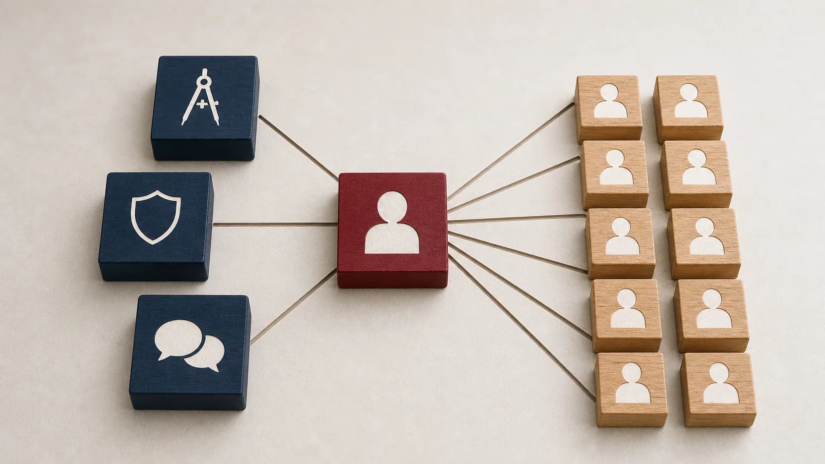 Crimson leadership hub connecting architecture, governance, and communication to an engineering team