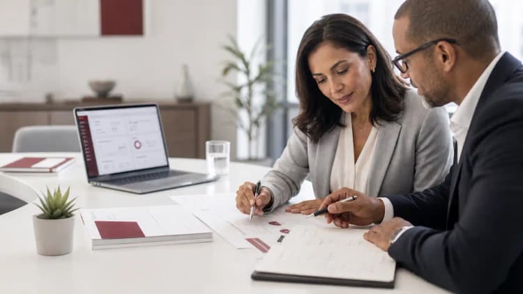 Two professionals reviewing a clean delivery plan beside a laptop dashboard