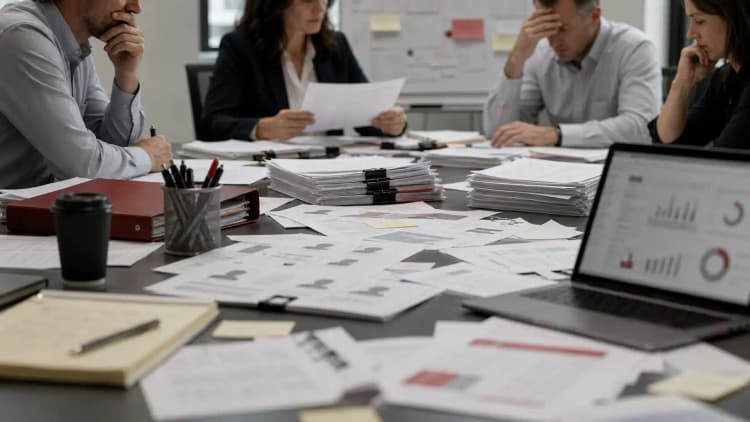 Proposal room with scattered resumes, scope notes, and a tense capture team