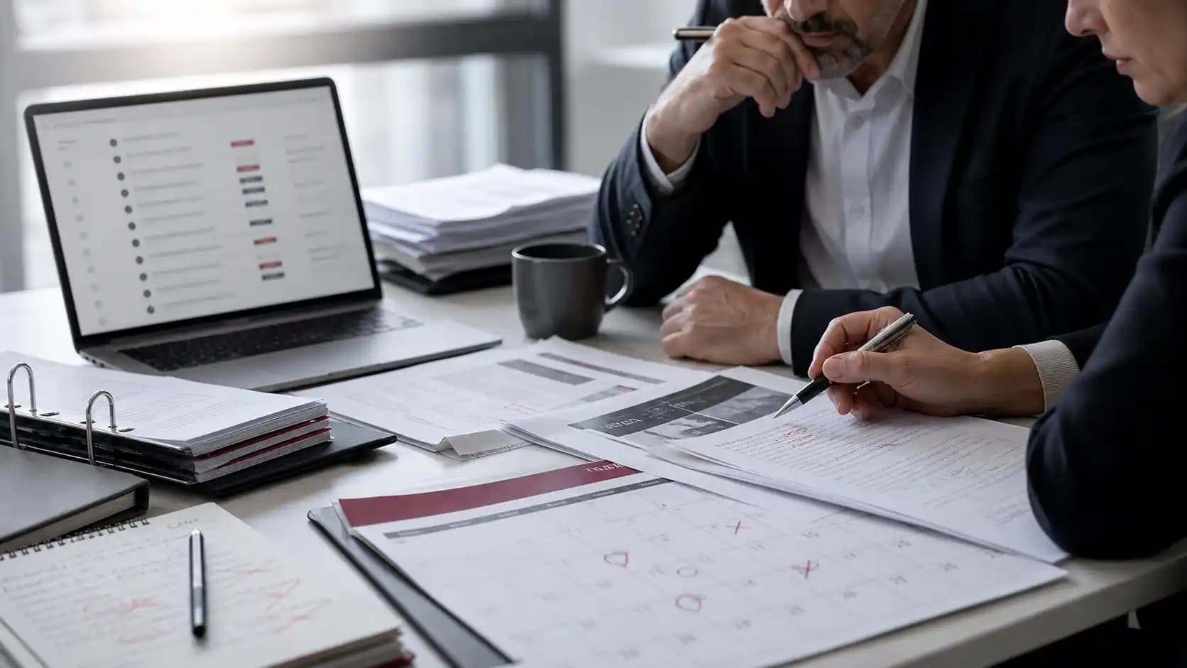 Proposal team reviewing marked documents and a compliance calendar under deadline pressure