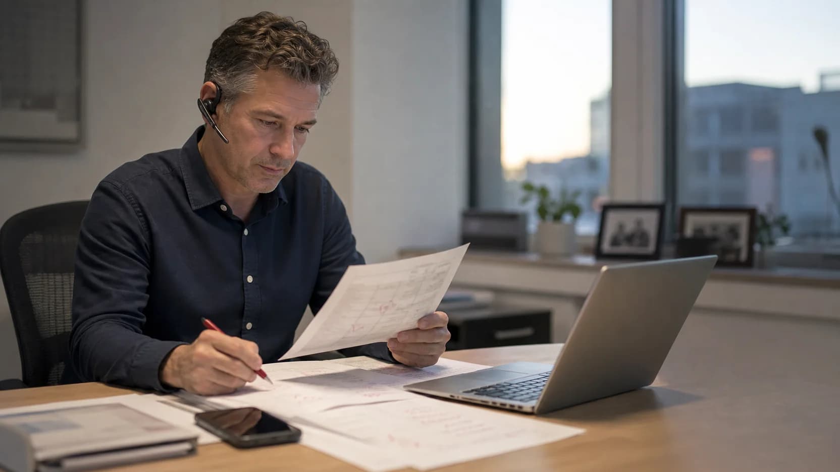 Technology program leader reconciling release documents after hours