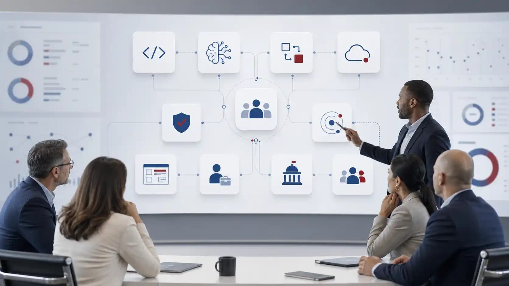 Executive team reviewing connected software, AI, staffing, and delivery capability icons