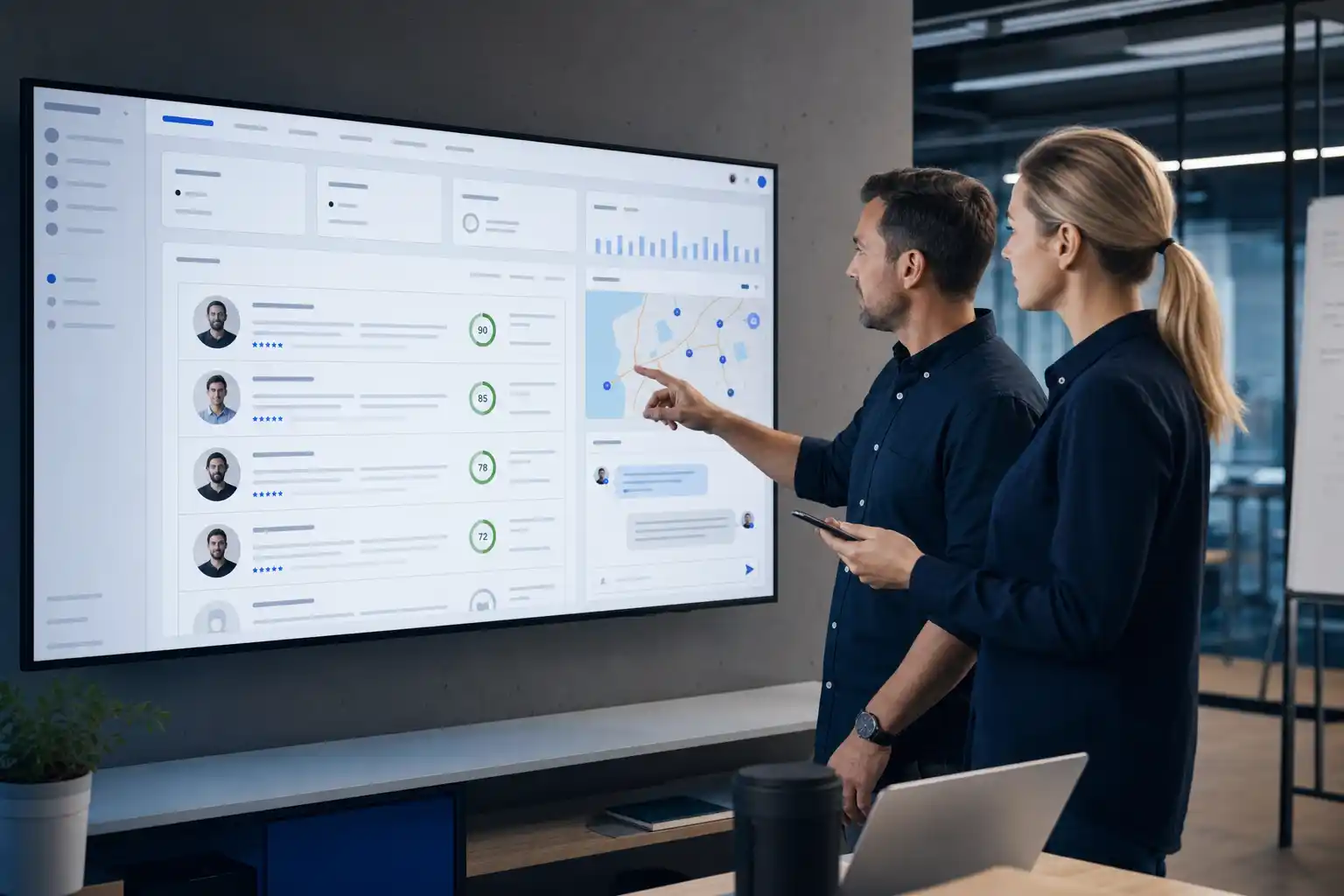 Recruiters reviewing an AI job matching dashboard with candidate scores and map context