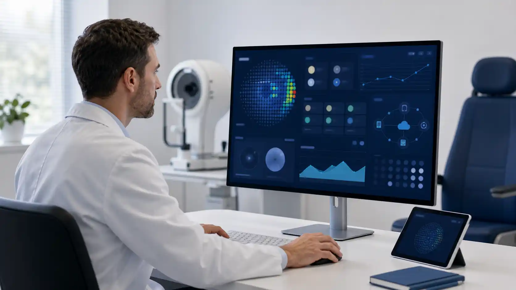 Clinician reviewing abstract glaucoma test results and connected device dashboard