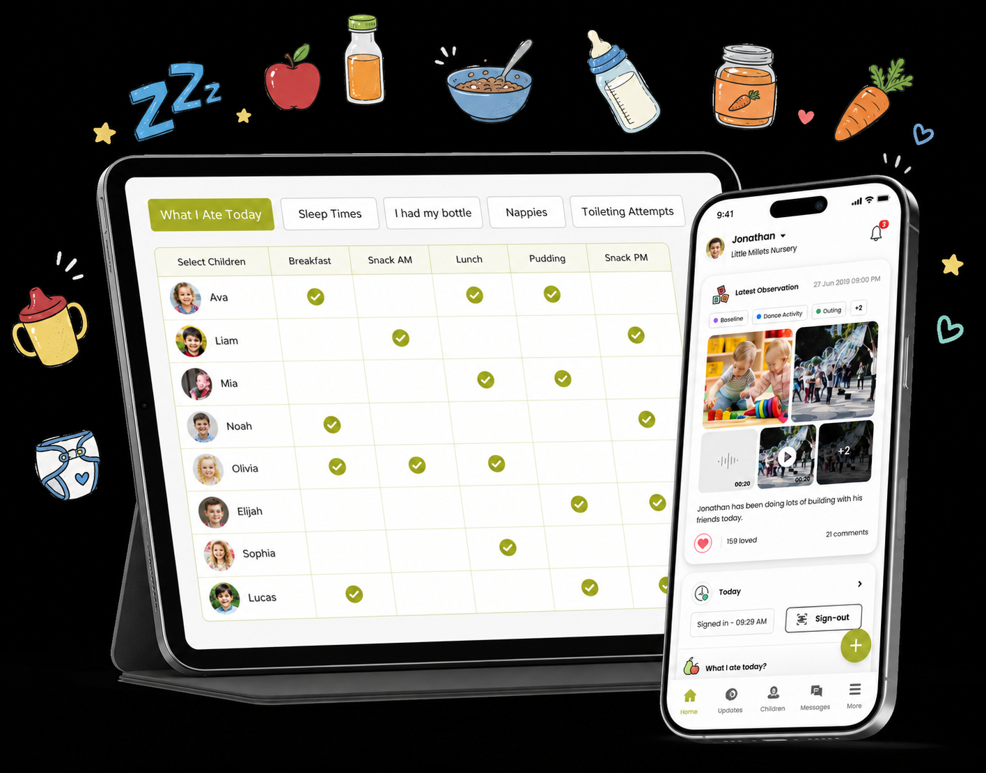 eyParent childcare app visual with parent mobile and tablet screens