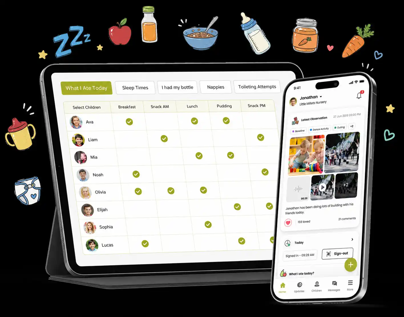 eyParent childcare app visual with parent mobile and tablet screens
