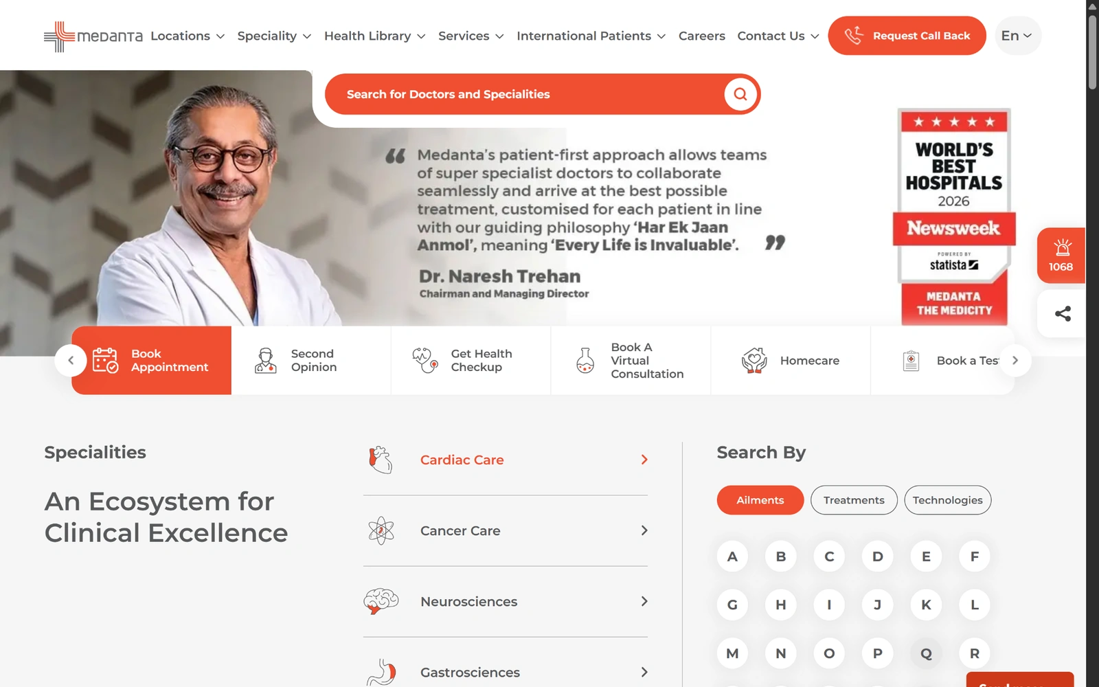 Medanta Hospital eClinic desktop booking and scheduling experience