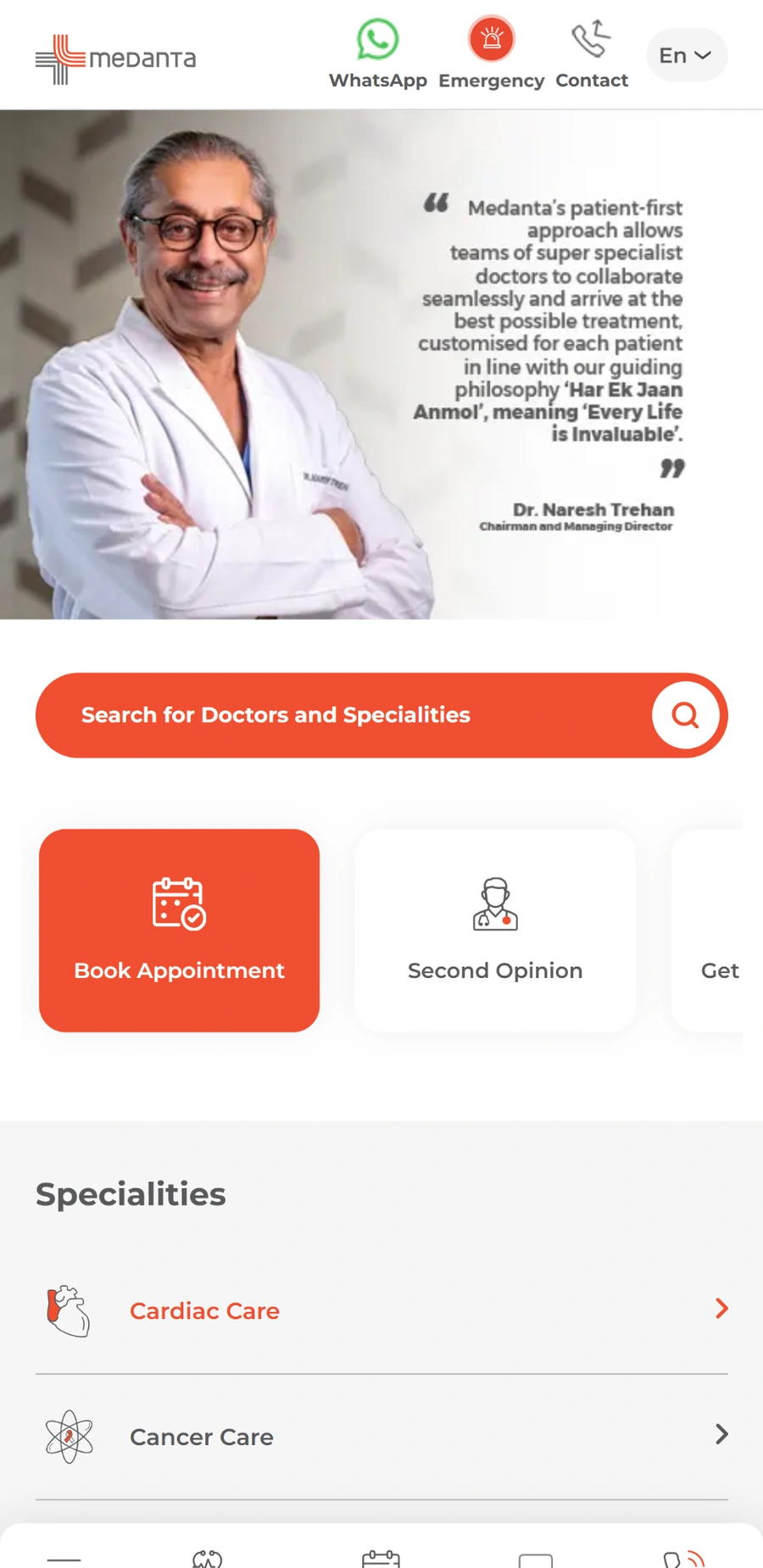 Medanta Hospital eClinic mobile appointment booking experience