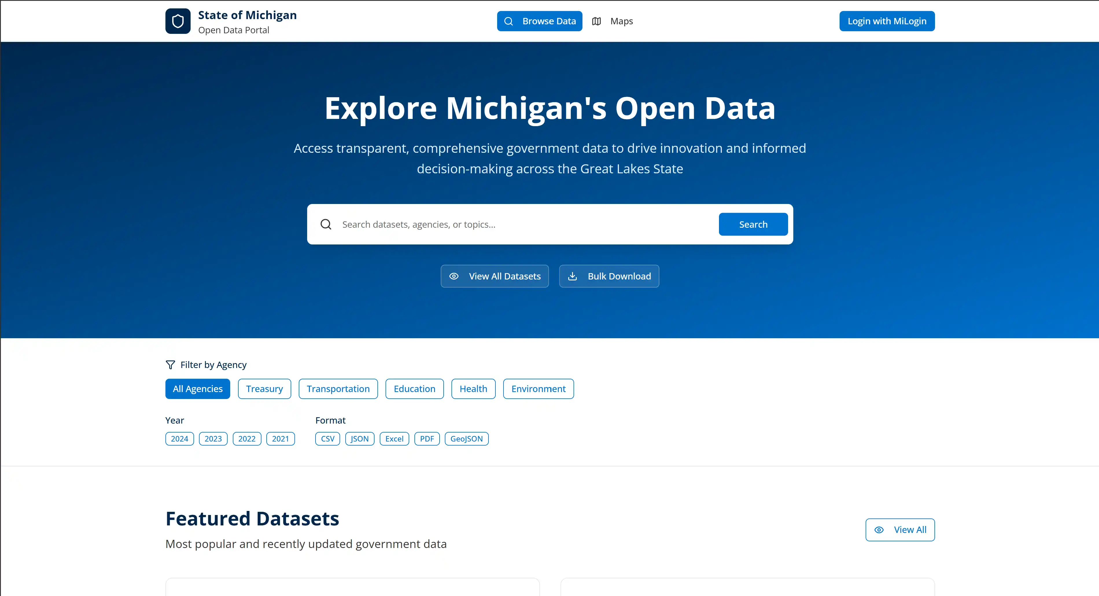 Michigan Open Data Portal home page with hero section, search bar, and agency filters