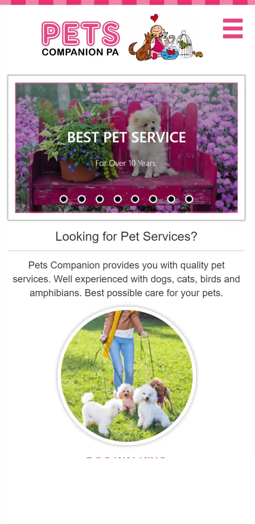 Pets Companion PA mobile booking web app experience