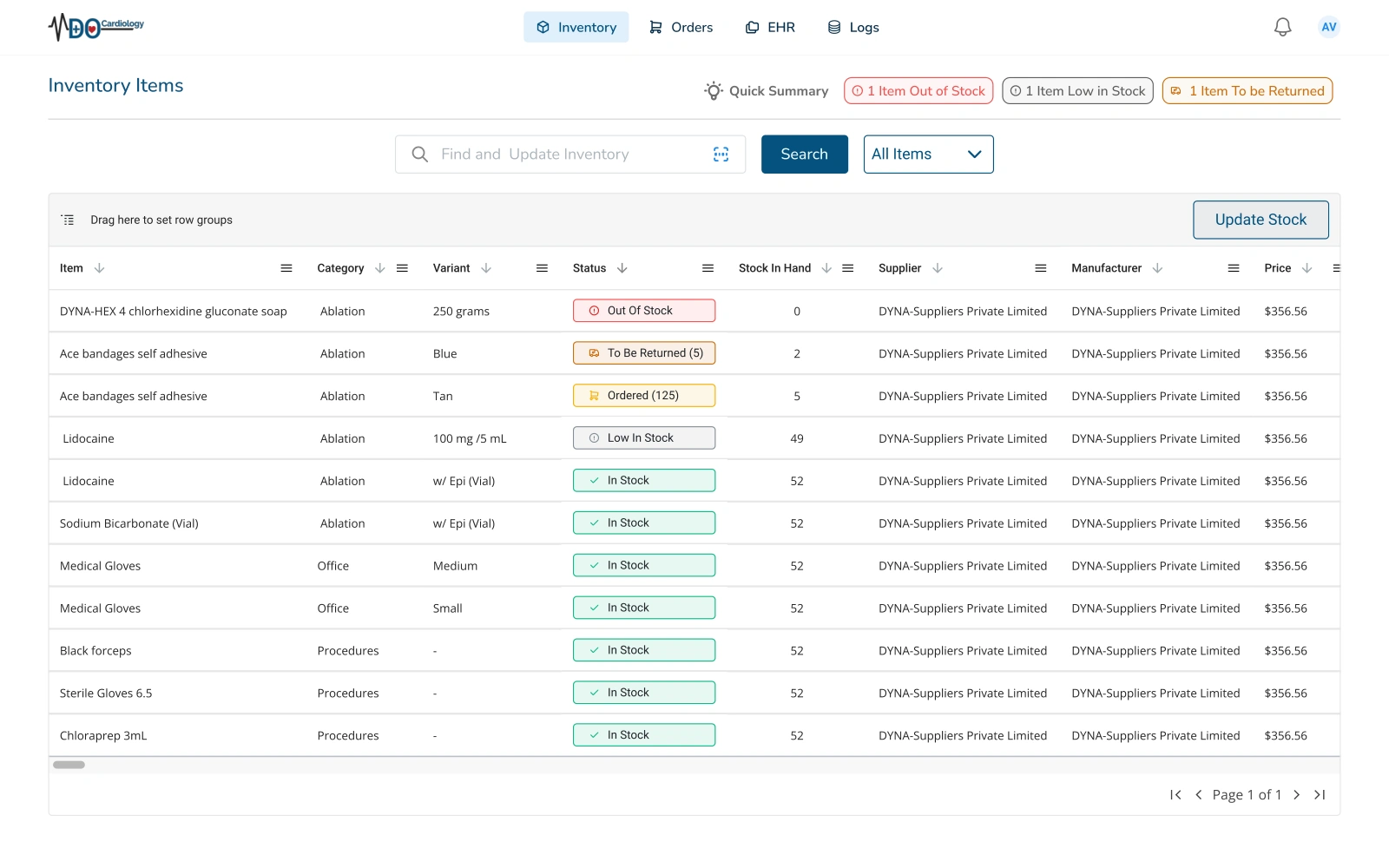 VDO Cardiology inventory items list — primary platform view